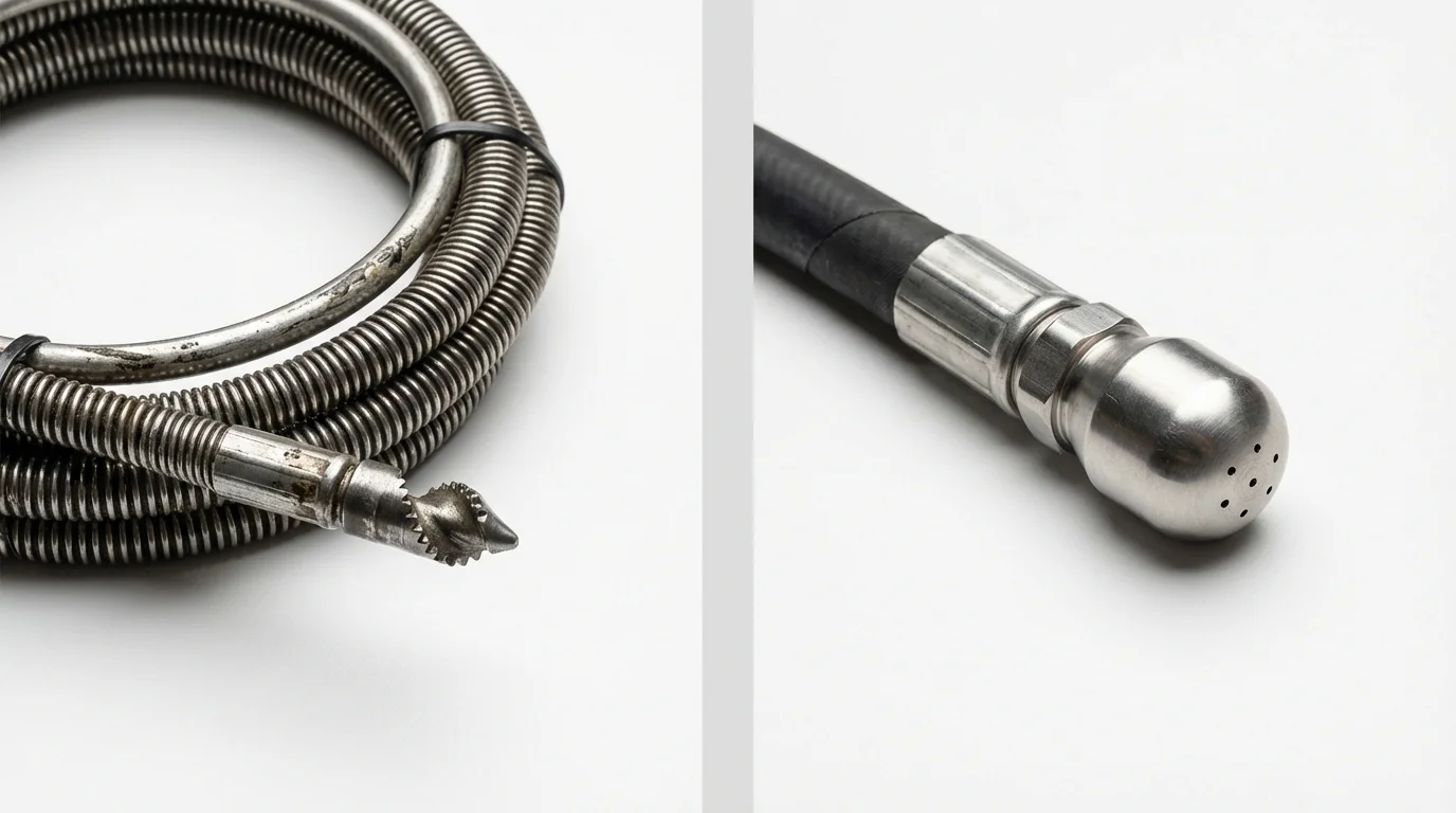 Drain snake cable and hydro jetting nozzle used for drain cleaning in Bound Brook, NJ